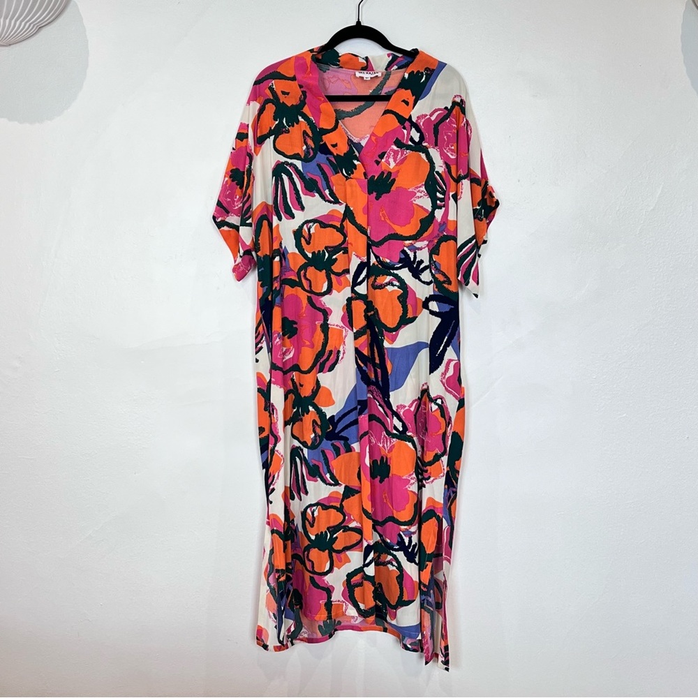 SALE! Anthropologie BEL KAZAN Orange and Pink Tropical Poppy Kaftan M/L